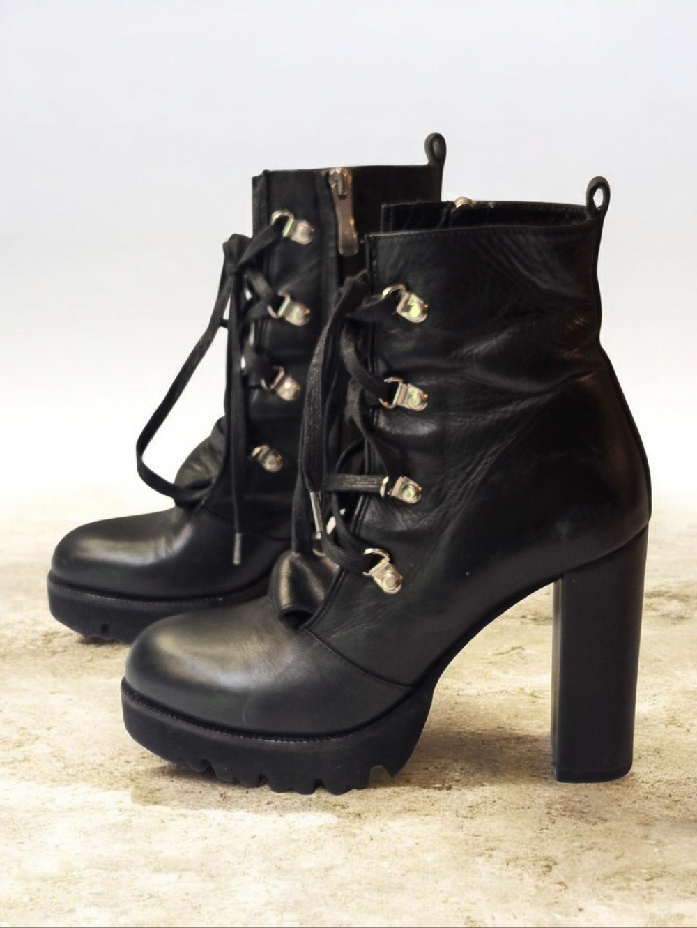 Flower Black Leather Platform Ankle Boots Lace Up Block Heel Size 37